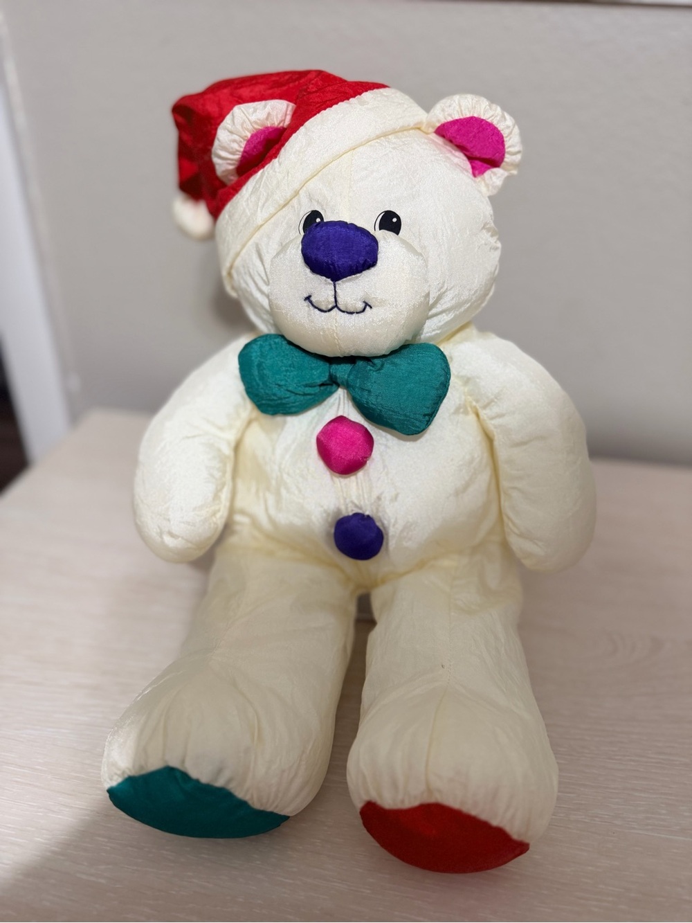 Dakini Cream Plush Bear with Red Hat and Teal Bow